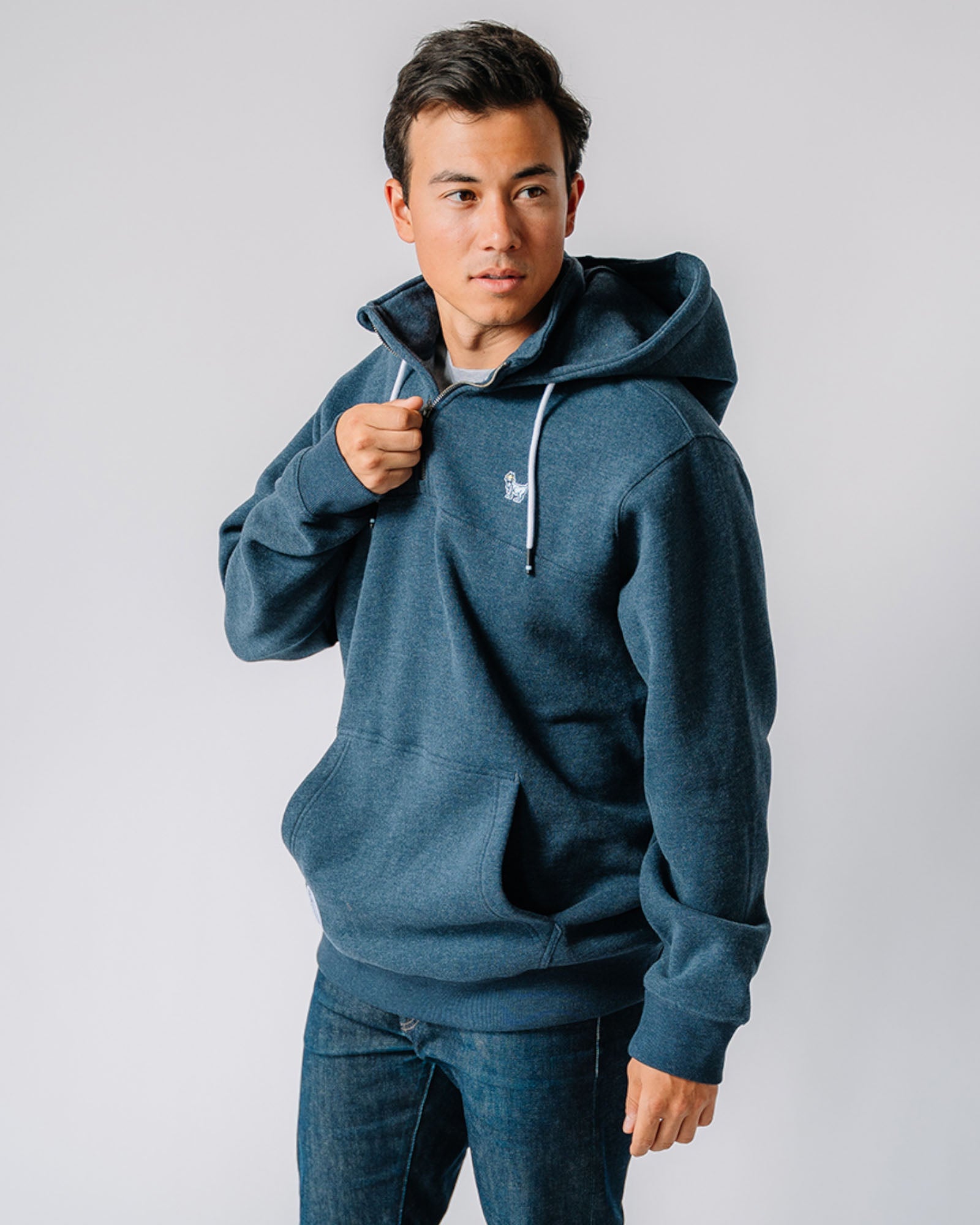 Model wearing navy OG 1/4 Zip Hooded Sweatshirt#color_navy