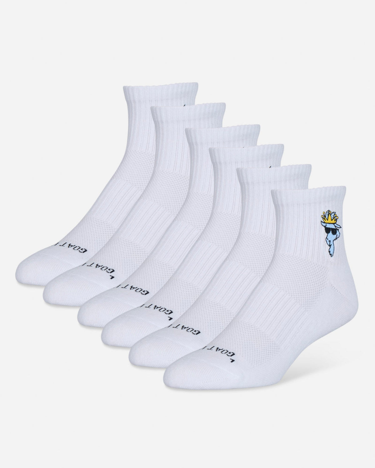 Set of white socks with brand logo on a light gray background