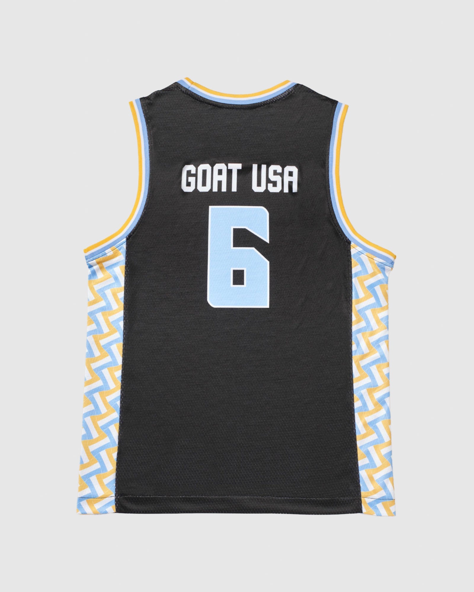 Back of black basketball jersey with patterned sides