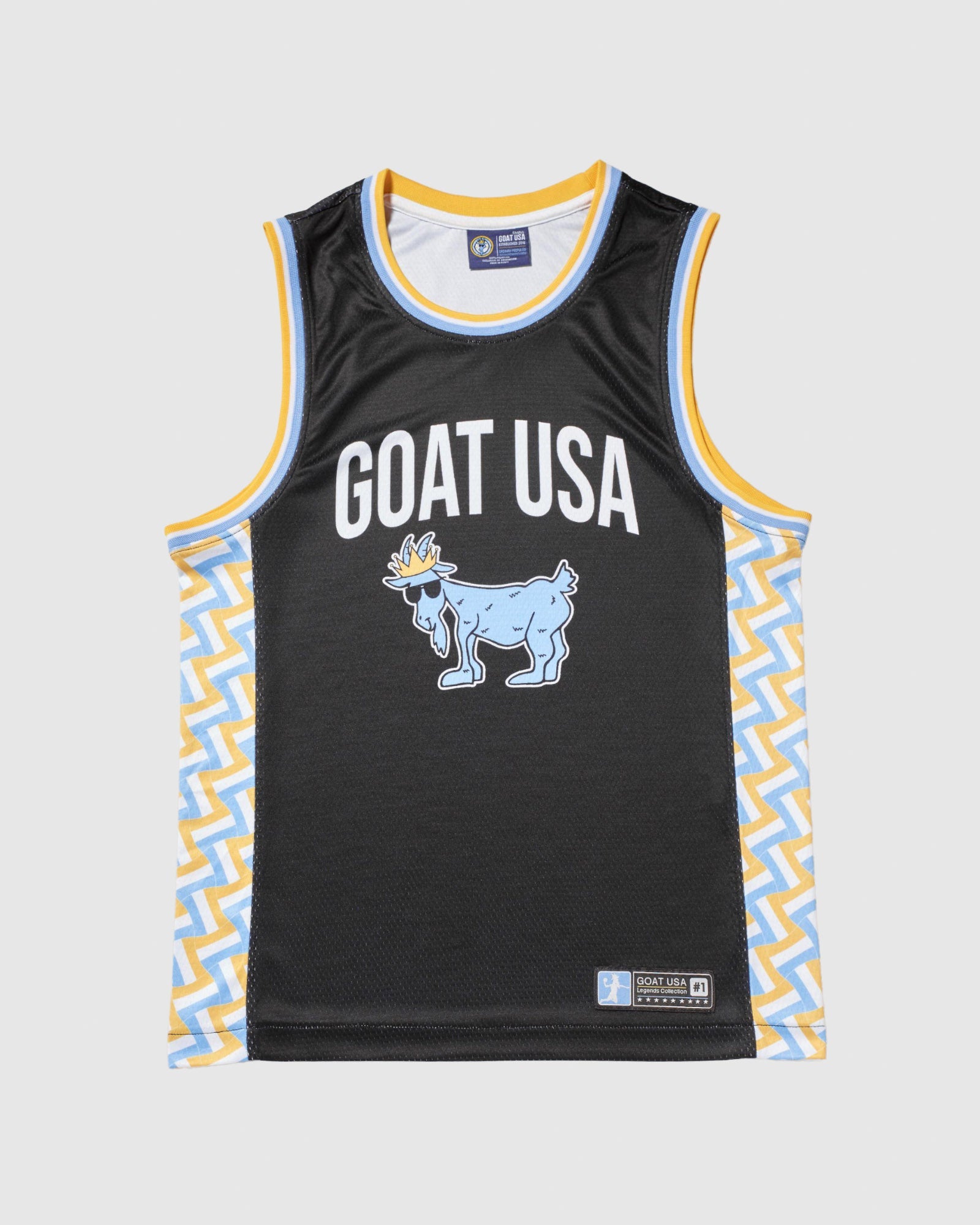 Black basketball jersey with GOAT USA logo and patterned sides