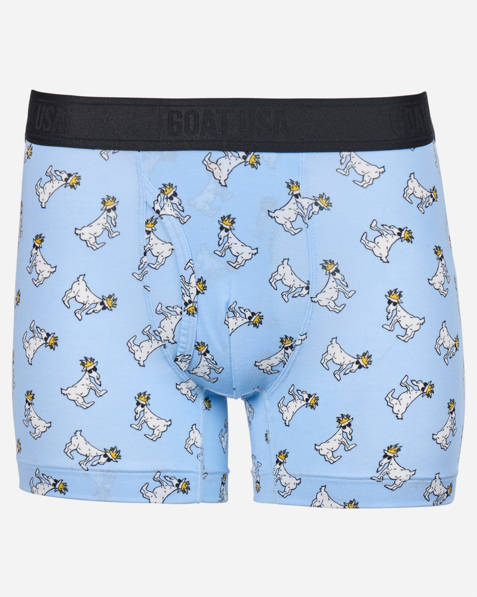 Front of carolina blue boxer briefs with goat all-over print