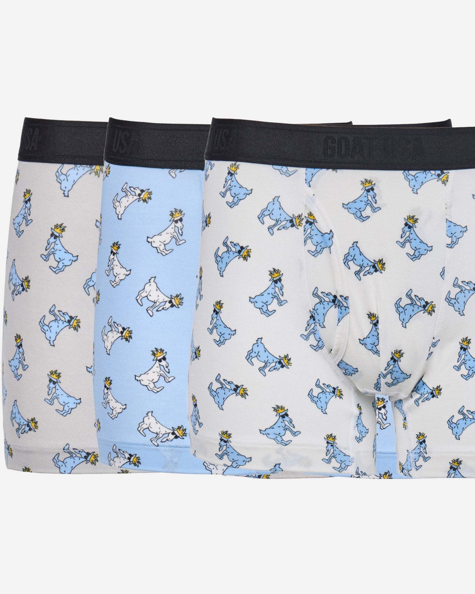 Three pairs of boxer briefs with cartoon goat pattern on a light gray background