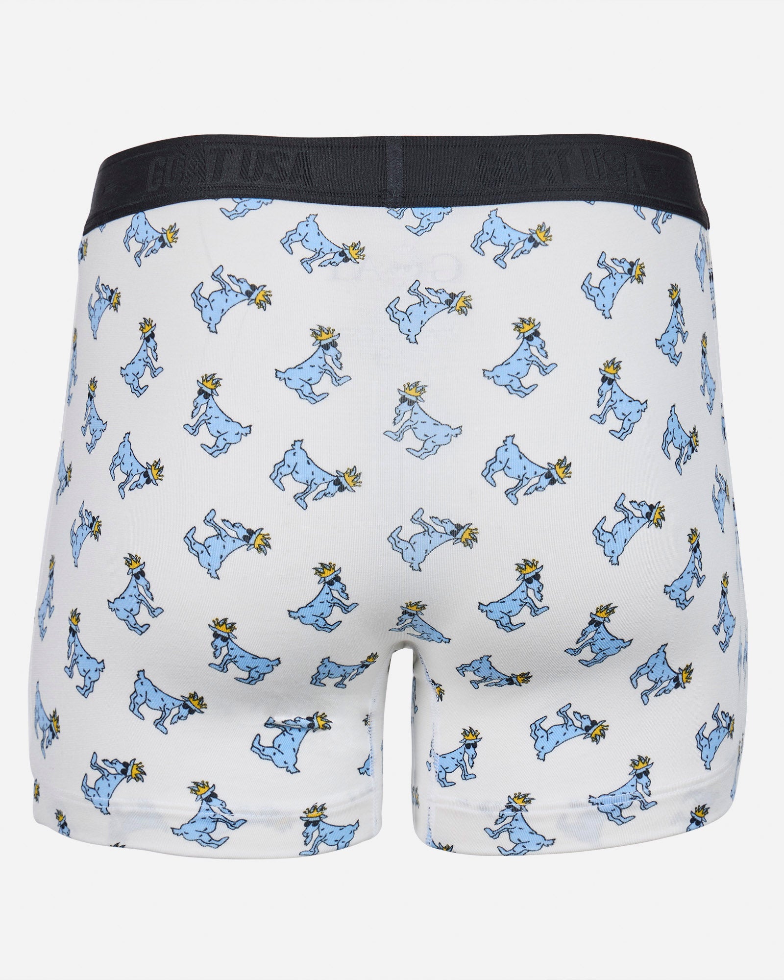 Back of white boxer briefs with goat all-over print