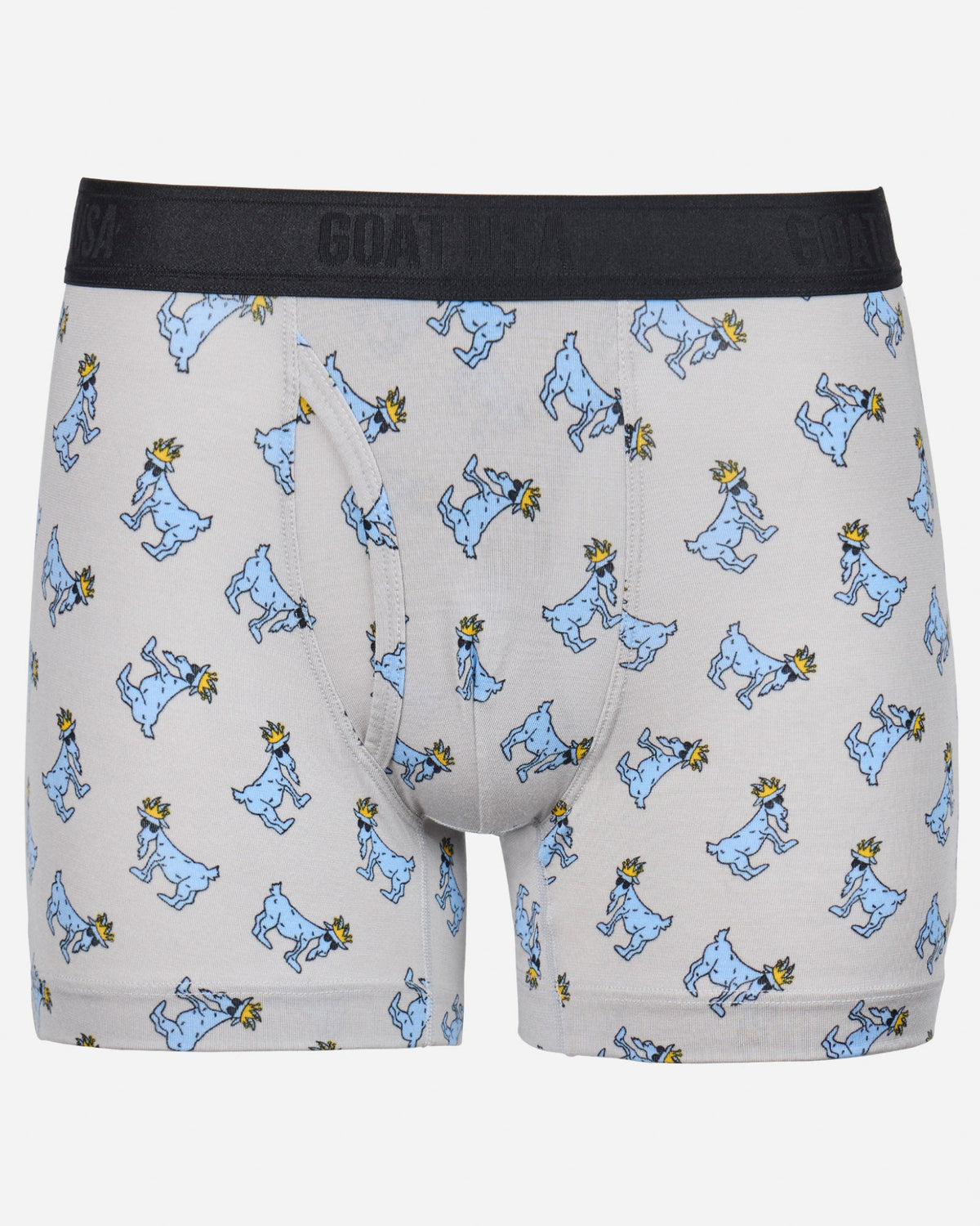 Front of gray boxer briefs with goat all-over print