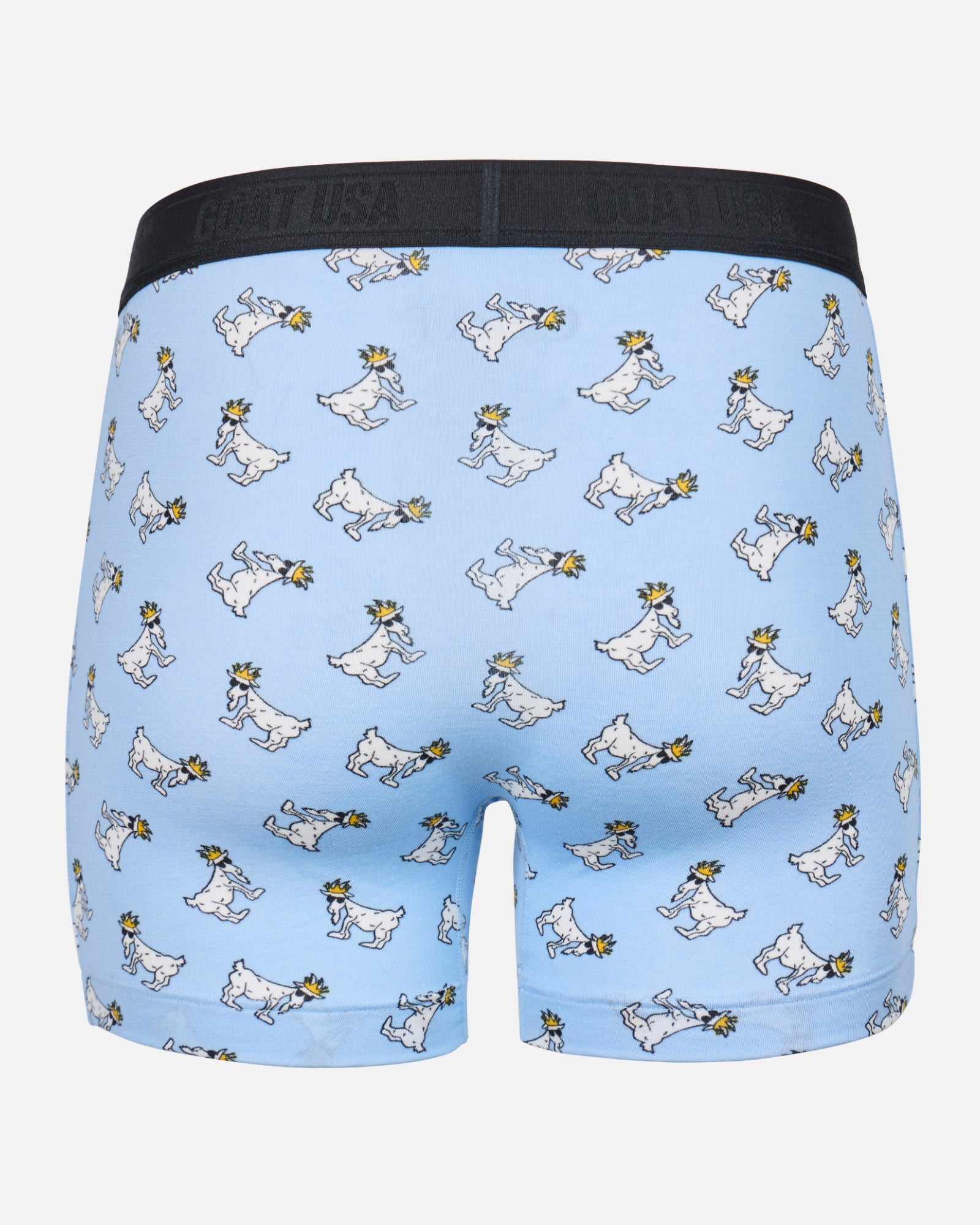 Back of carolina blue boxer briefs with goat all-over print