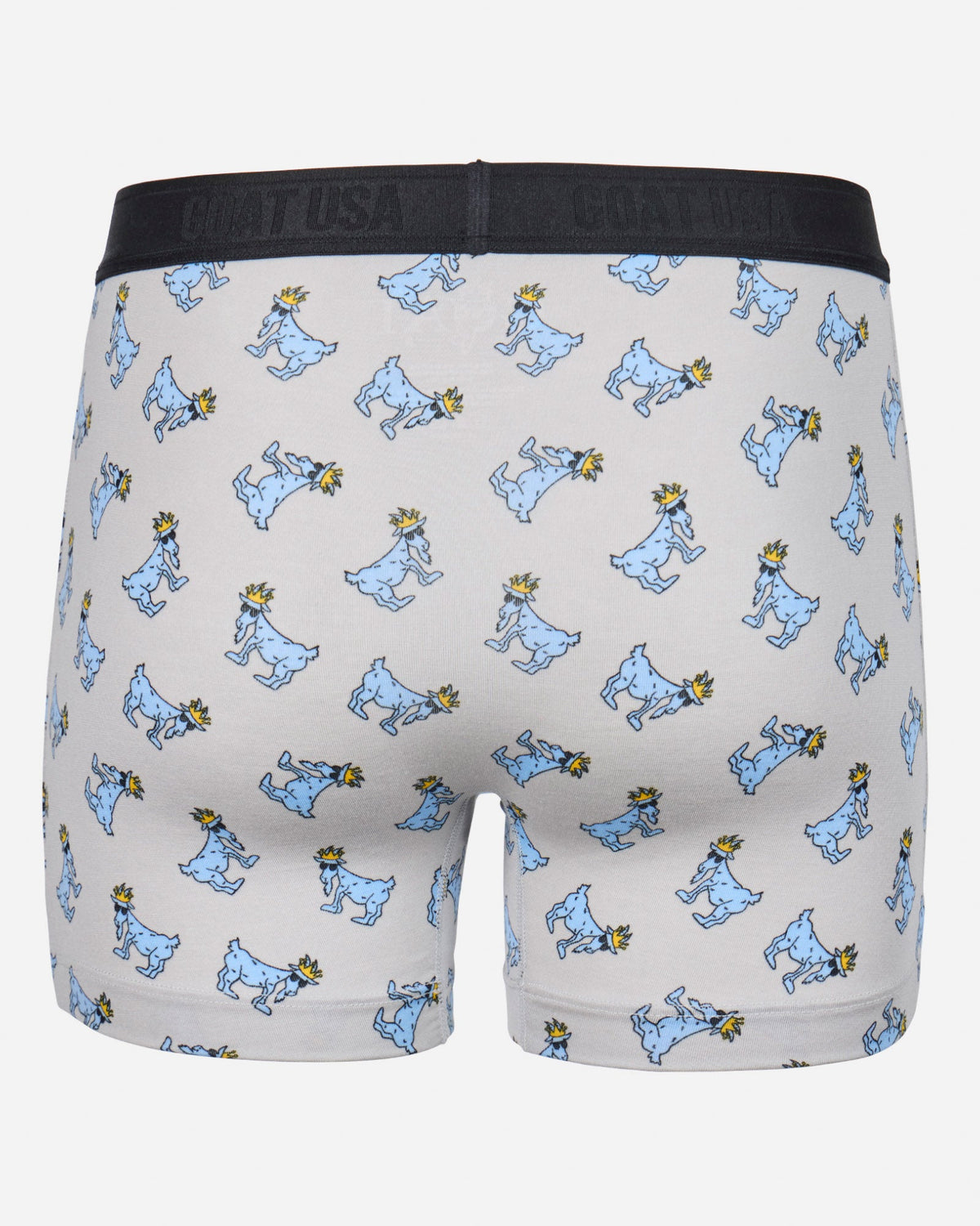 Back of gray boxer briefs with goat all-over print