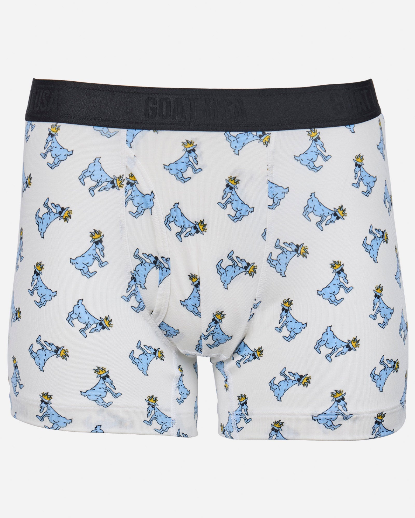 Front of white boxer briefs with goat all-over print