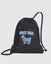 Black drawstring bag with blue lettering and goat