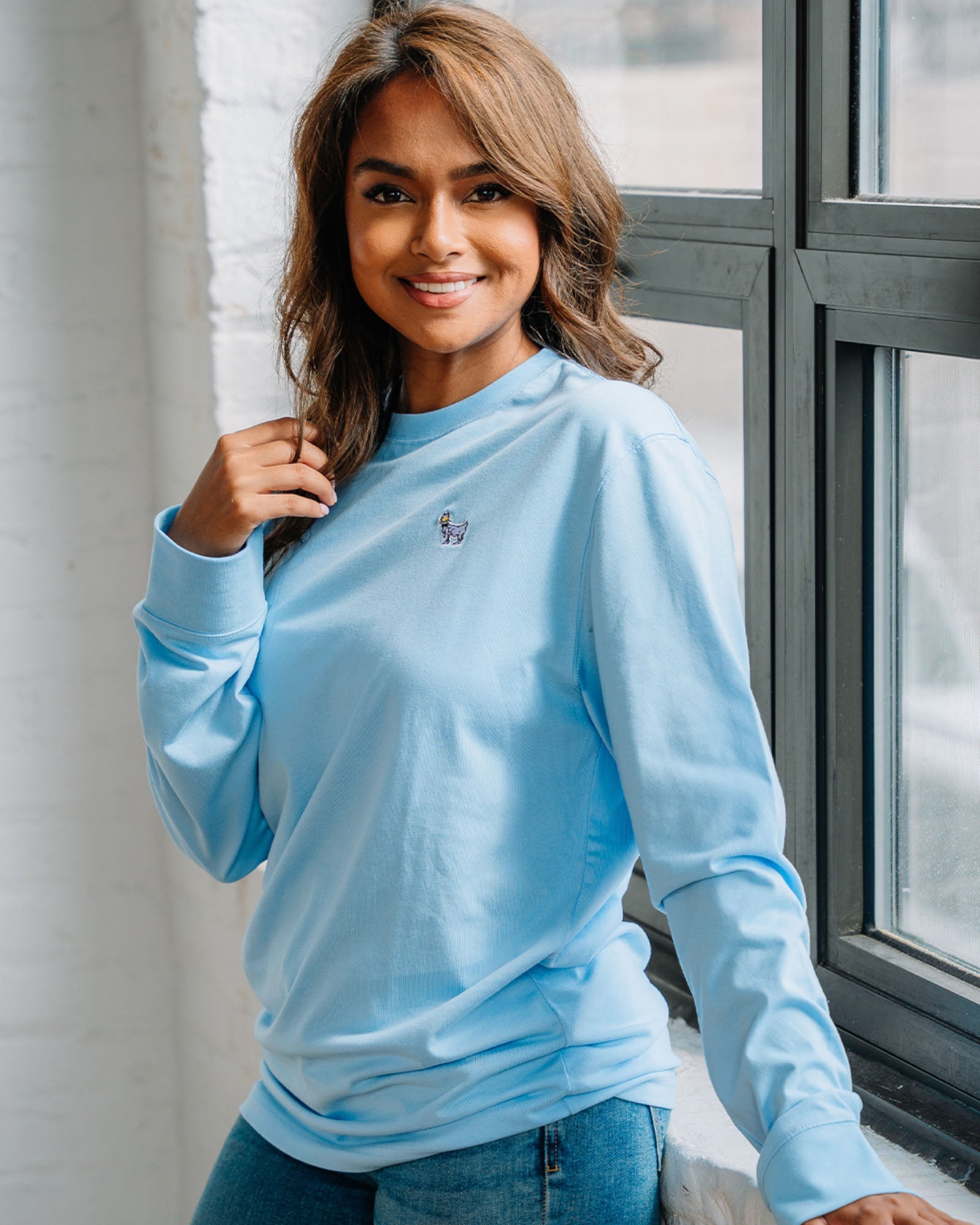 Model wearing carolina blue OG Embroidered LST#color_carolina-blue