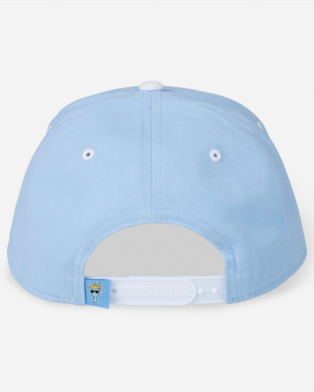 Back of the carolina blue & white goat head snapback hat