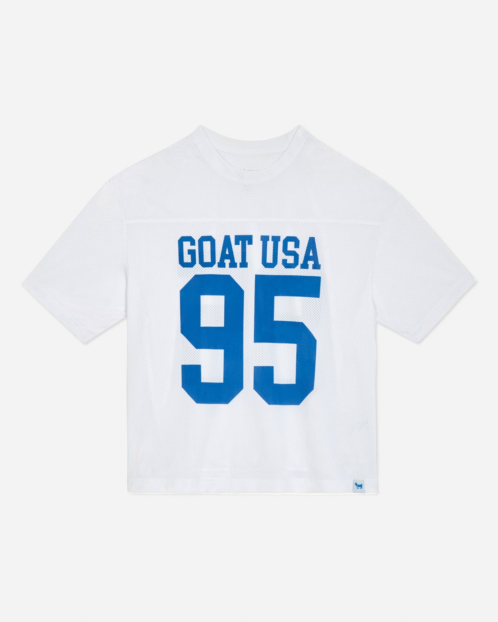White t-shirt with blue text 'GOAT USA 95' on a light gray background