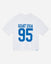 White t-shirt with blue text 'GOAT USA 95' on a light gray background