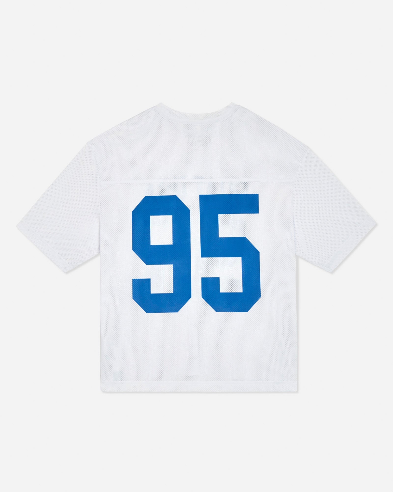 White t-shirt with blue number 95 on a light gray background