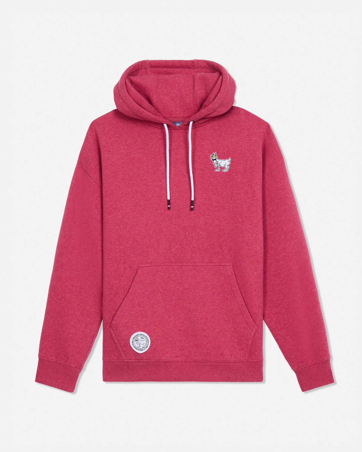 Front of cardinal heather hoodie with embroidered goat left-chest logo and drawstrings