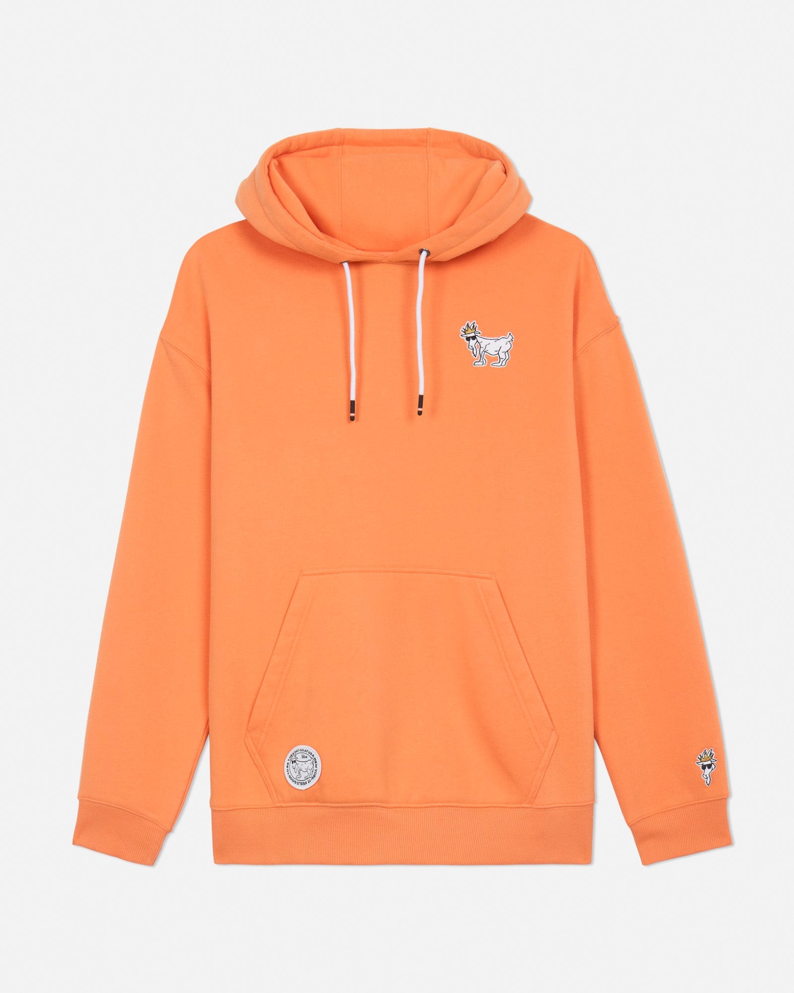 Orange hoodie with a small graphic on the chest against a light gray background#color_muskmelon