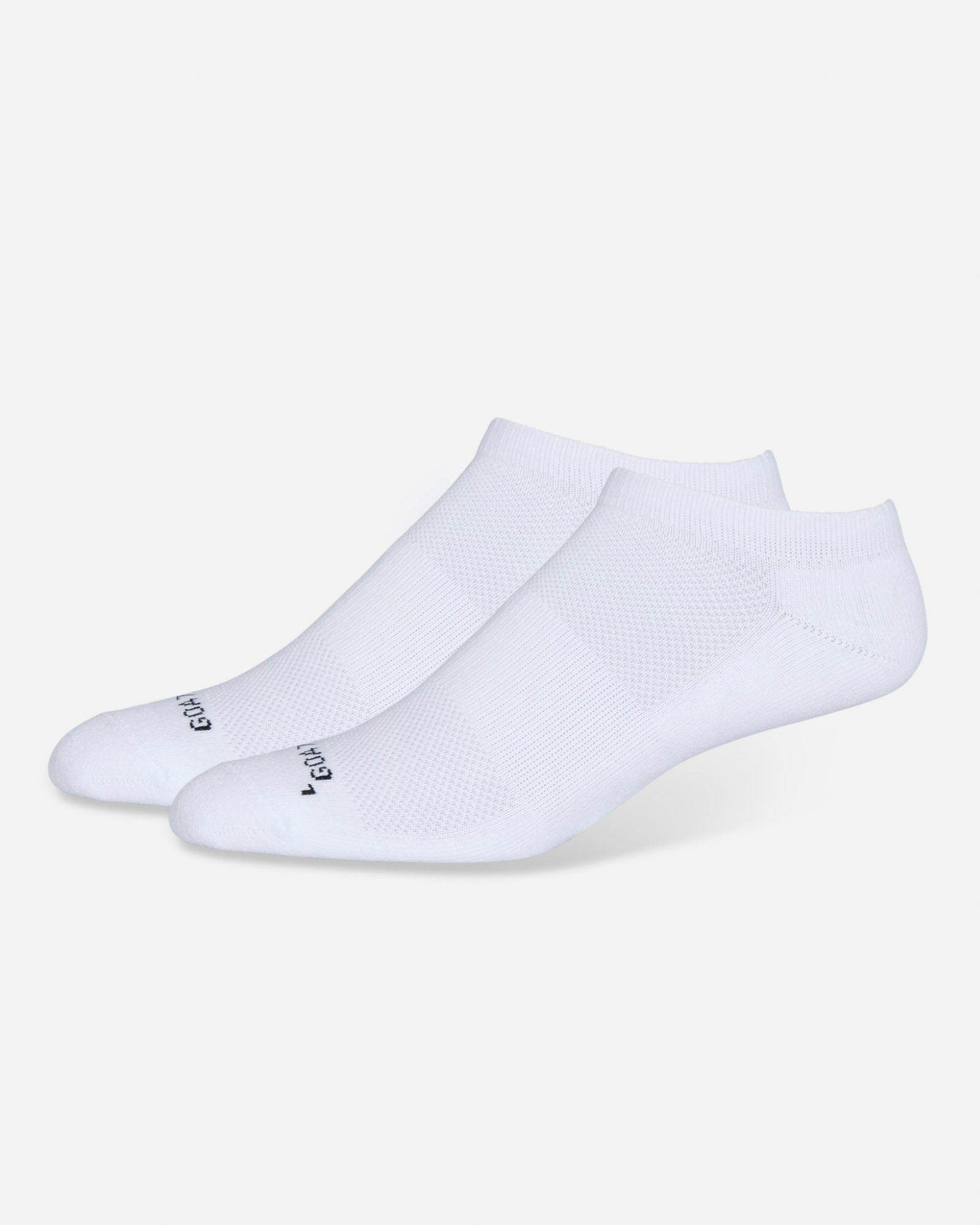 Two white ankle socks on a light gray background