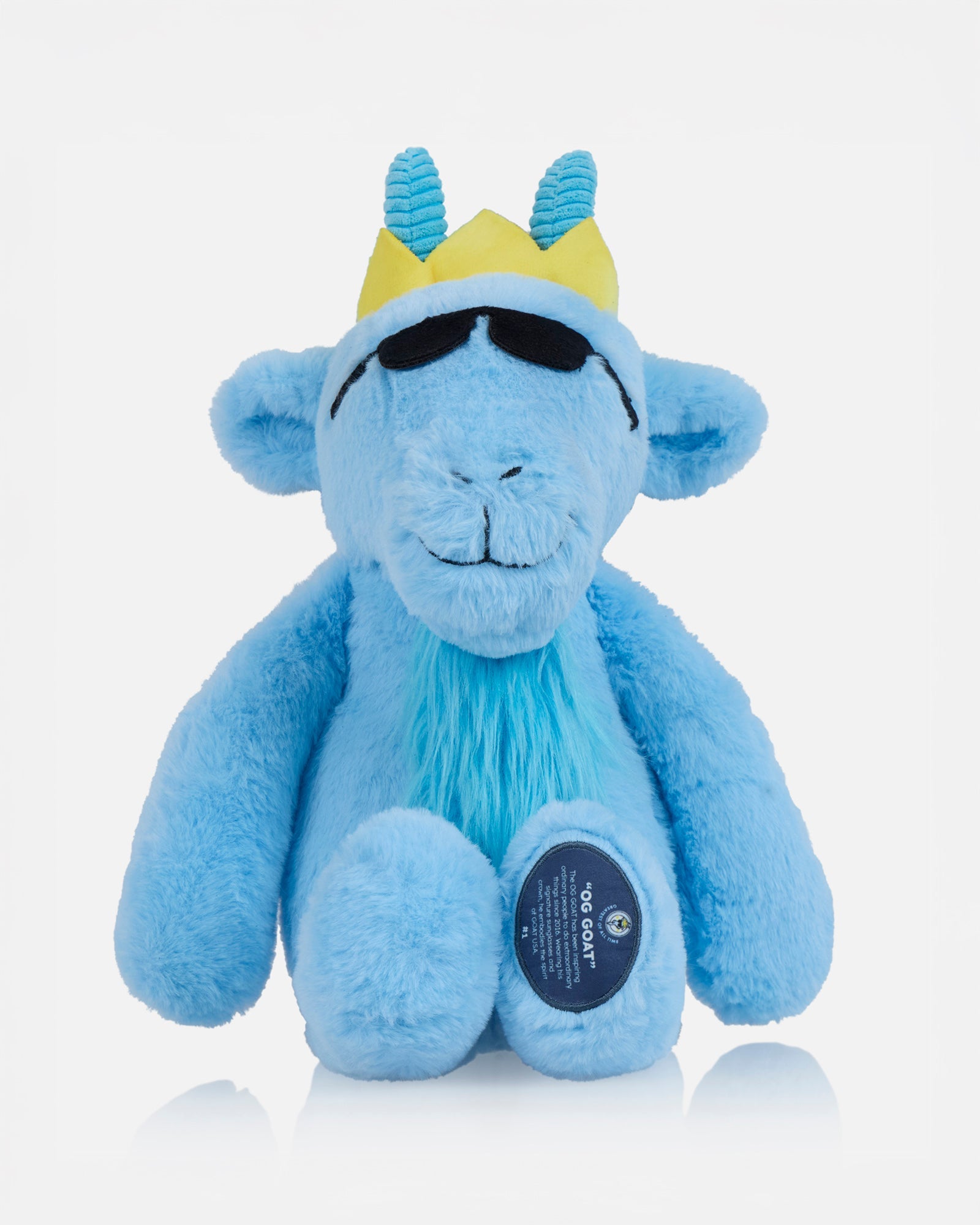 Front of blue goat plushie