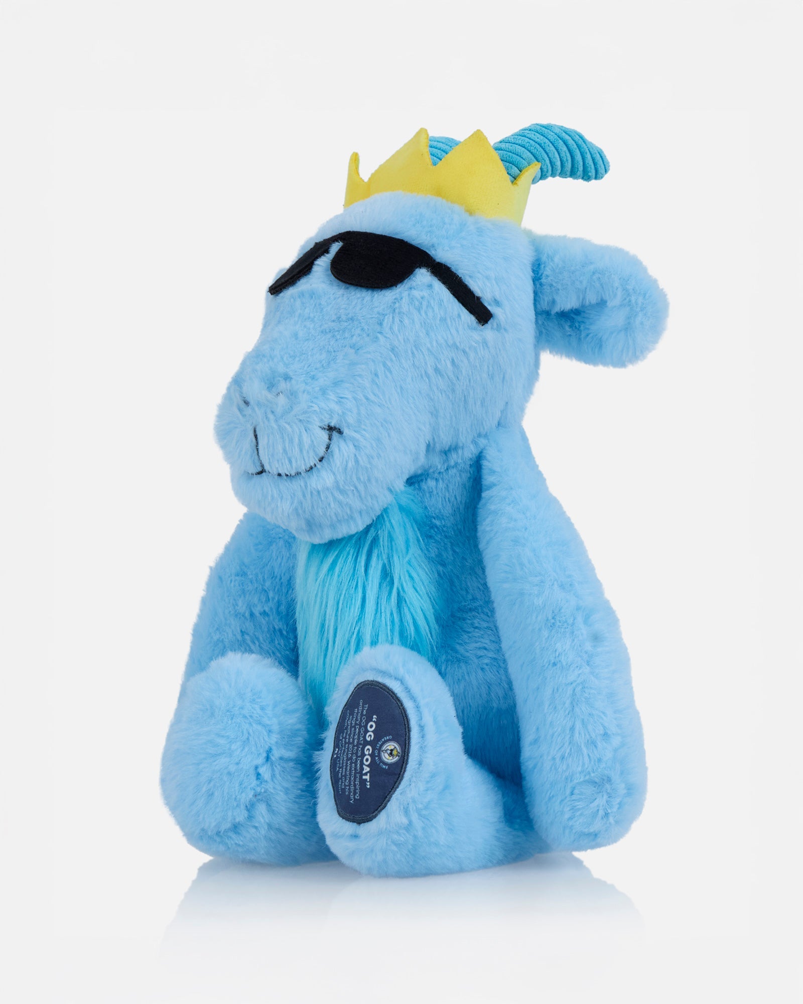 Side of blue goat plushie