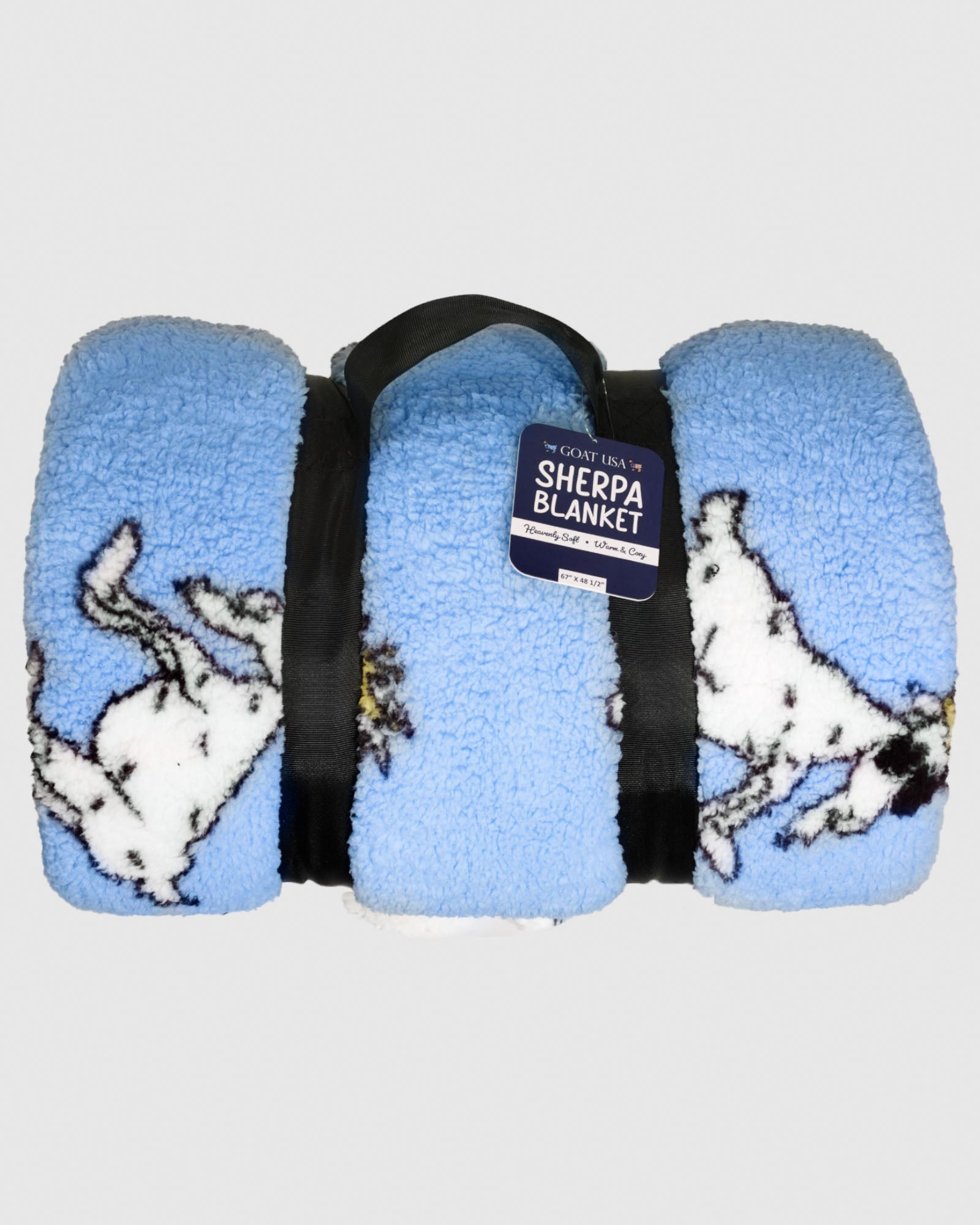 Sherpa blanket bundled up with straps#color_carolina-blue