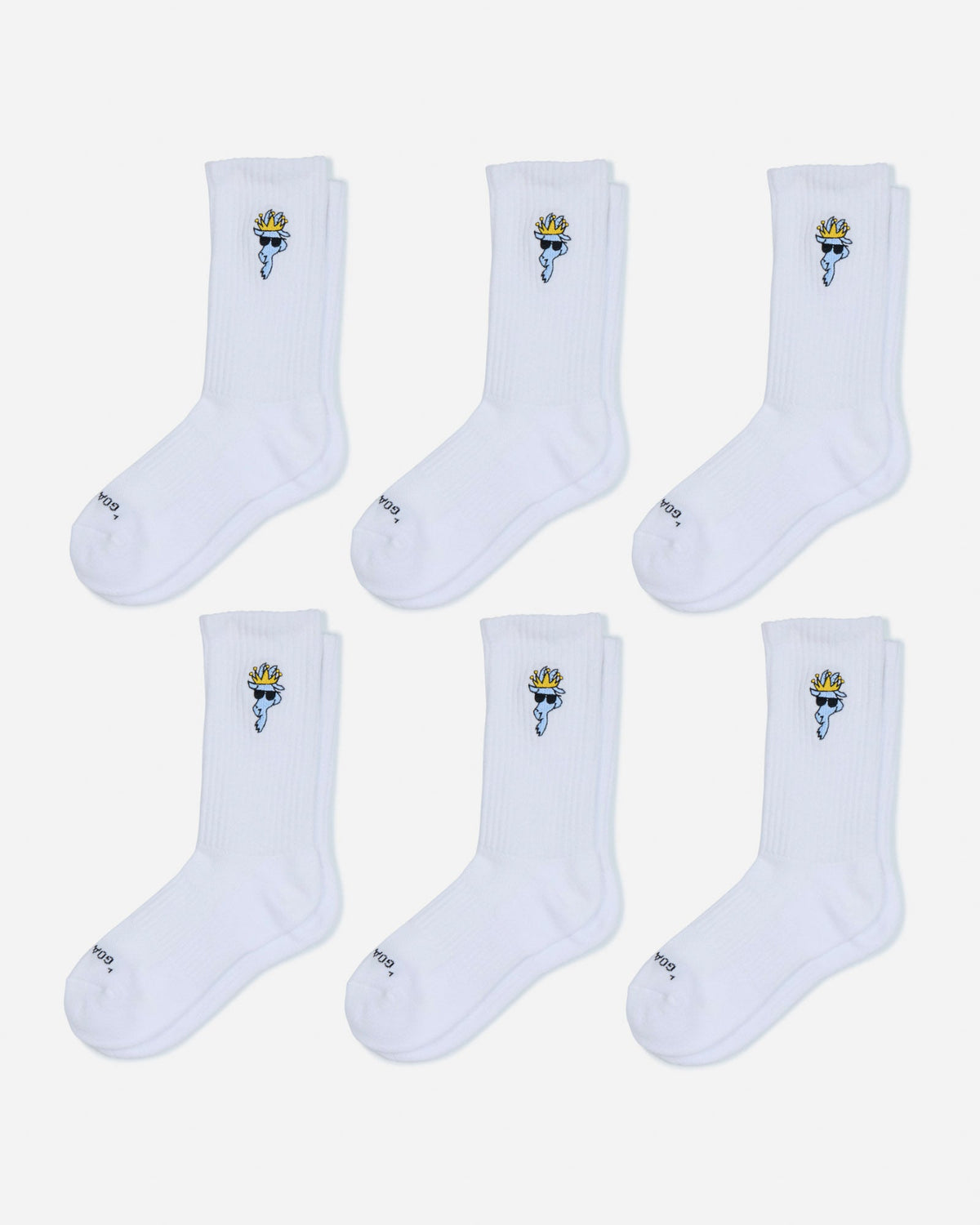 Set of six white socks with a small logo on a light gray background