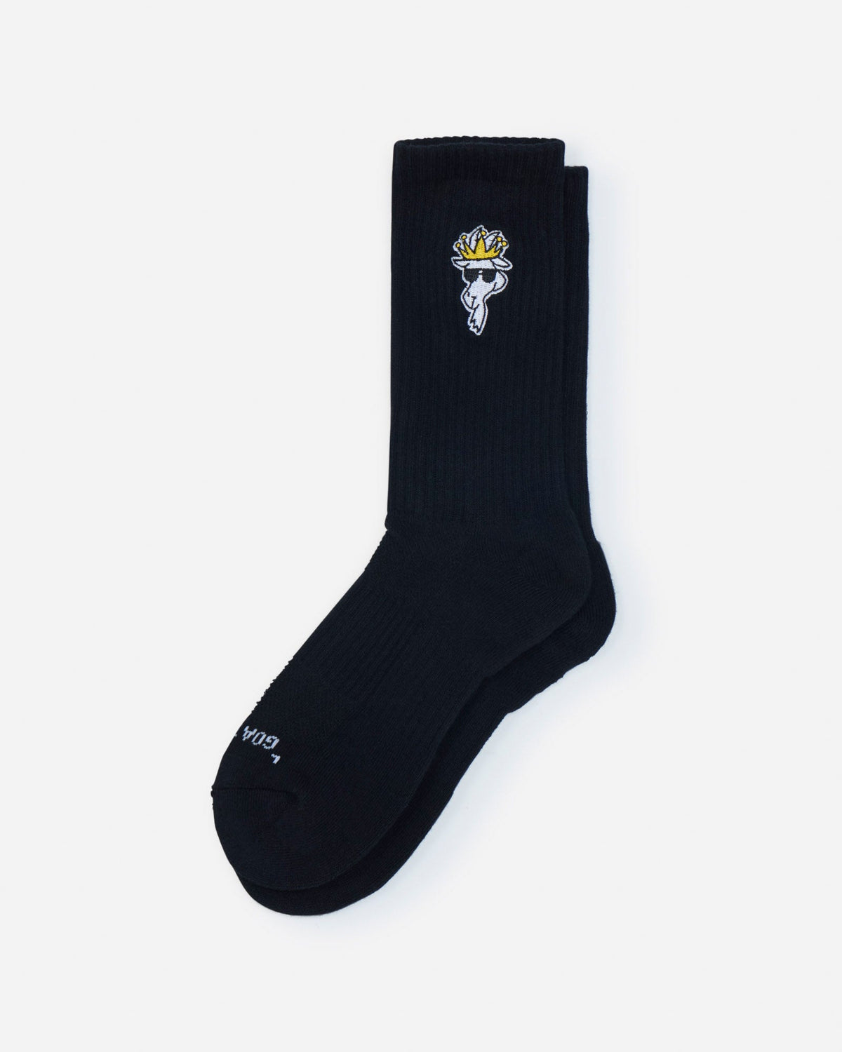 Black sock with a logo on a light gray background