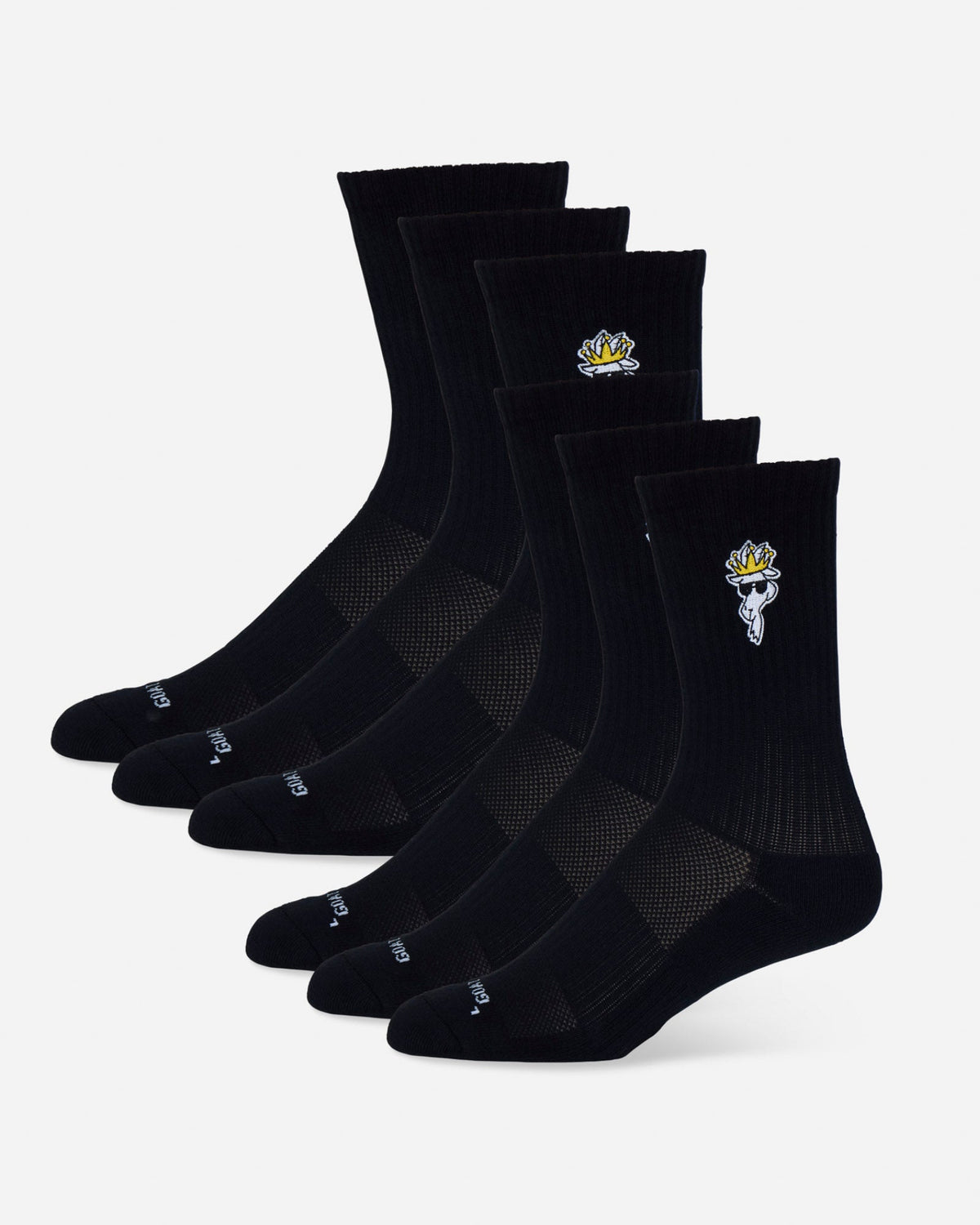 Set of black socks with brand logos on a light gray background