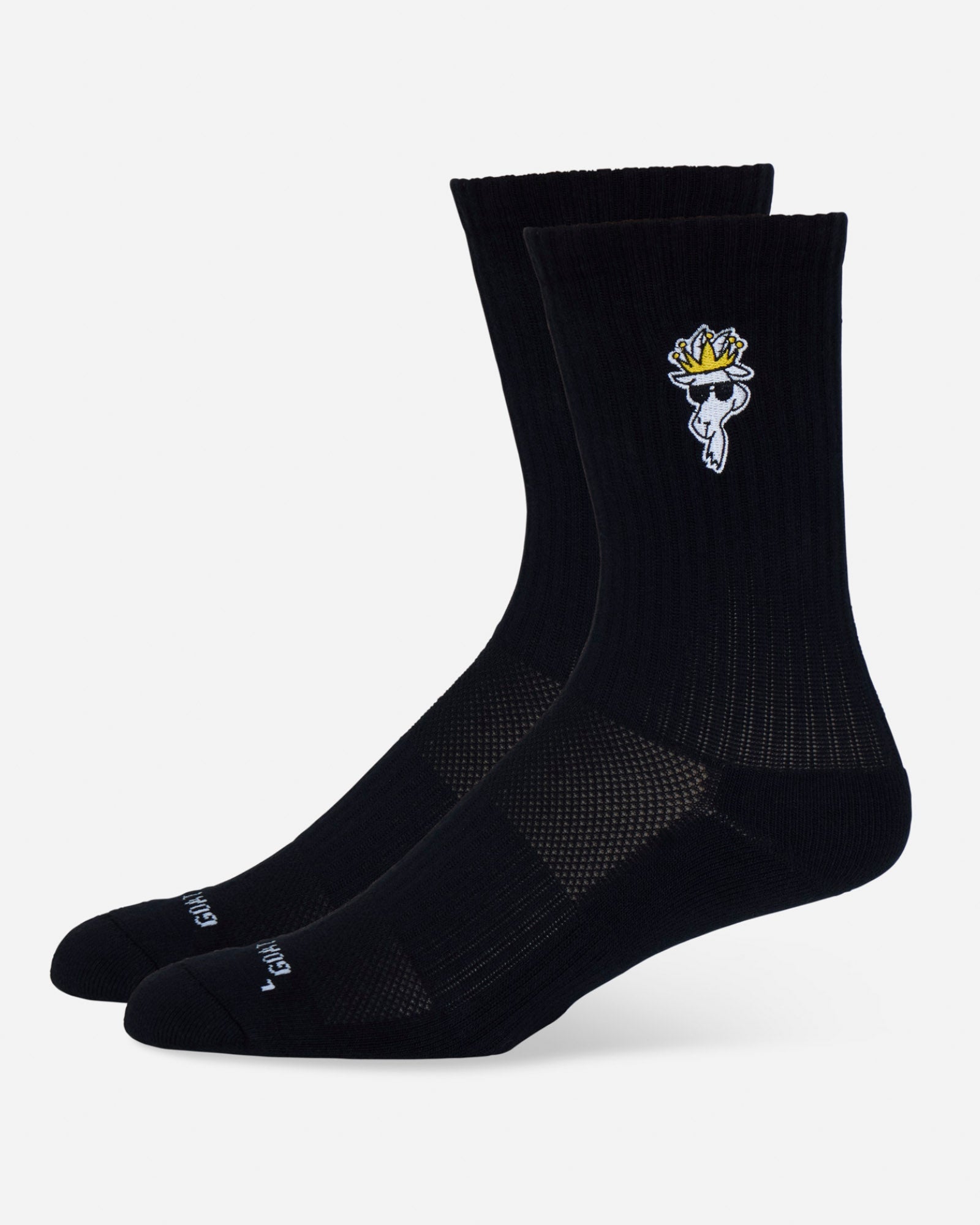 Black socks with a goat and crown design on a light gray background#color_black