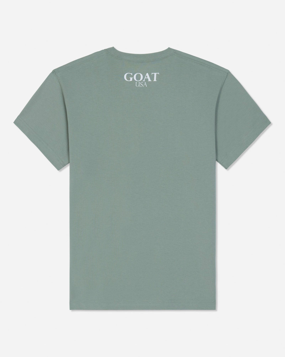A sage green short-sleeve t-shirt with 'GOAT USA' printed in white serif text on the upper chest, displayed flat against a light gray background.#color_steeped-sage
