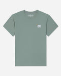 A sage green short-sleeve t-shirt with a small white embroidered goat logo on the left chest, displayed flat against a light gray background.#color_steeped-sage