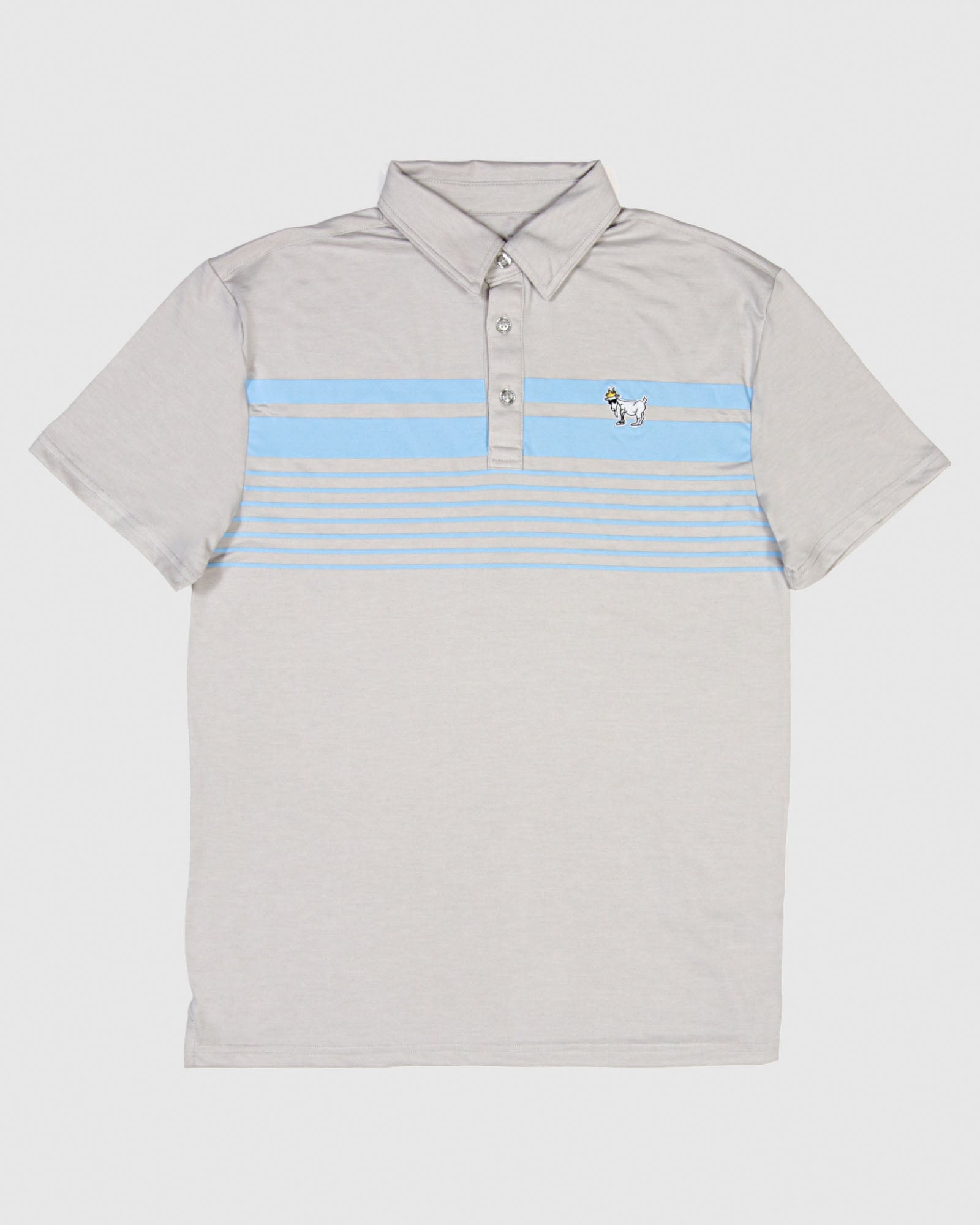 Light gray polo with carolina blue stripes and white goat#color_light-gray