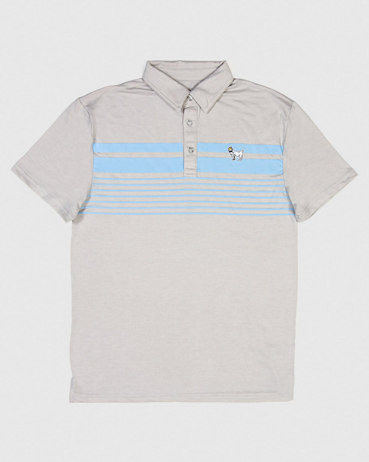 Light gray polo with carolina blue stripes and white goat