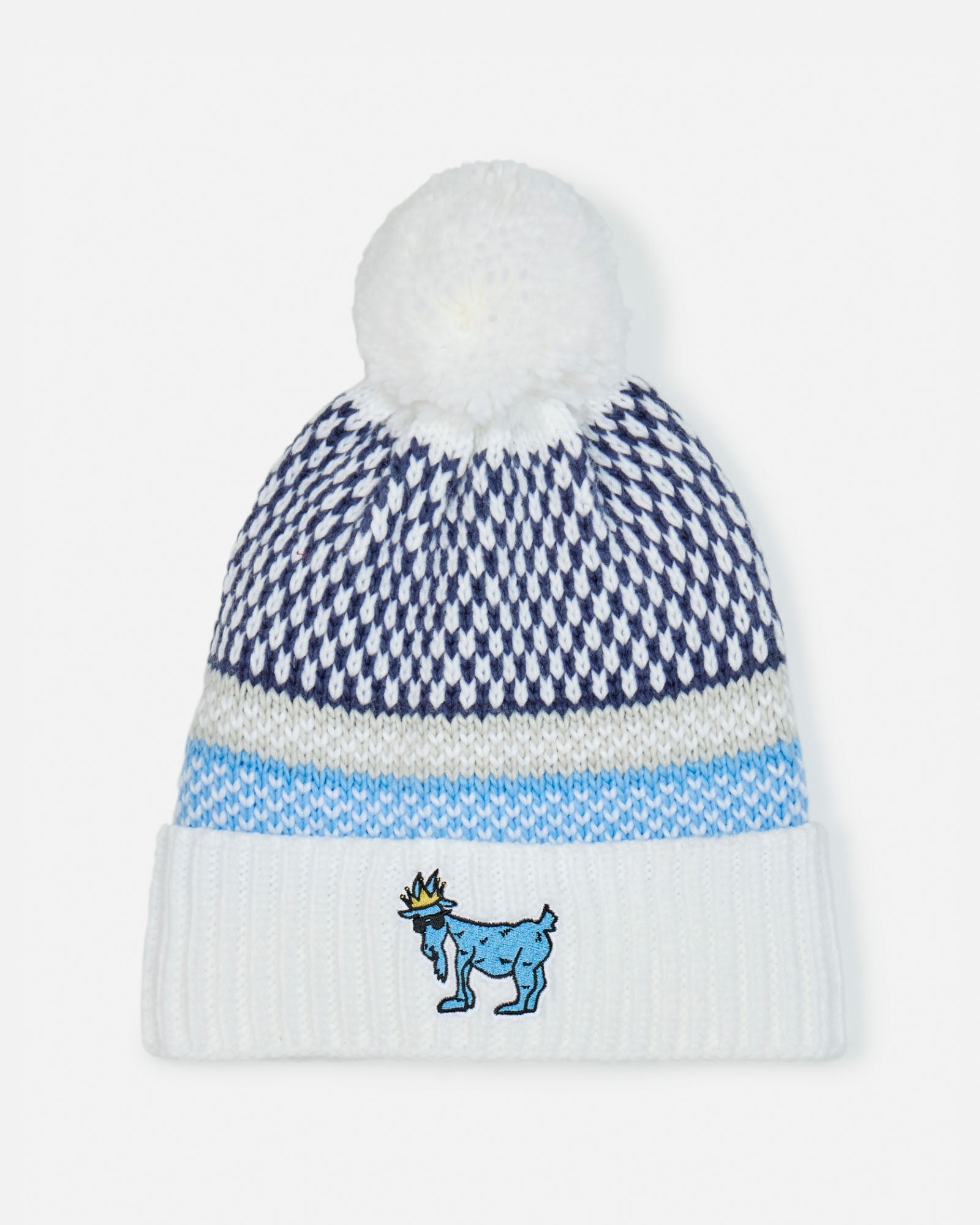 Knitted beanie with blue and white pattern and cartoon character on a white background