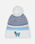 Knitted beanie with blue and white pattern and cartoon character on a white background