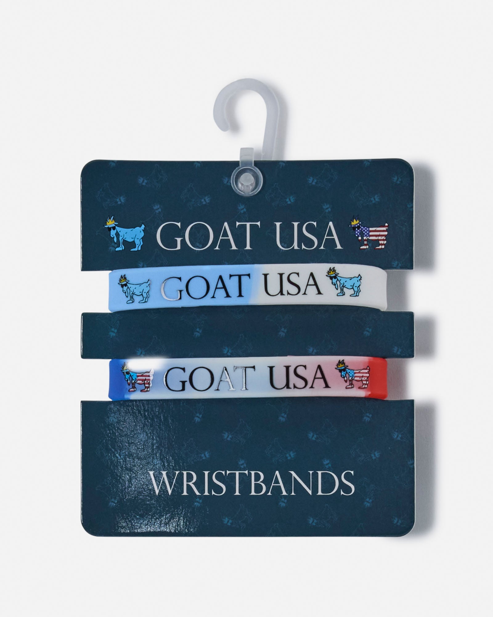 GOAT USA wristbands on a blue holder with a white background