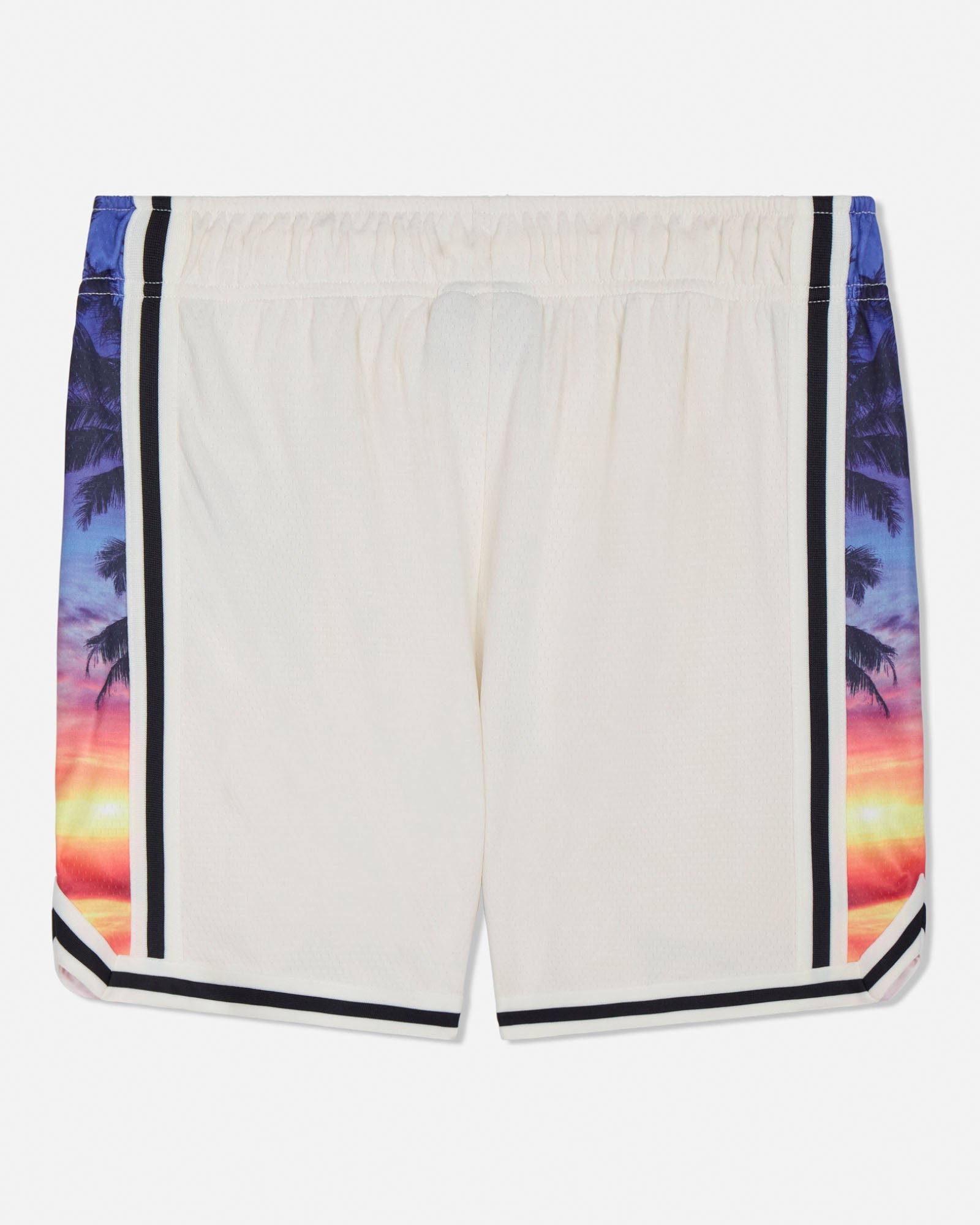White shorts with colorful palm tree and sunset design on a white background