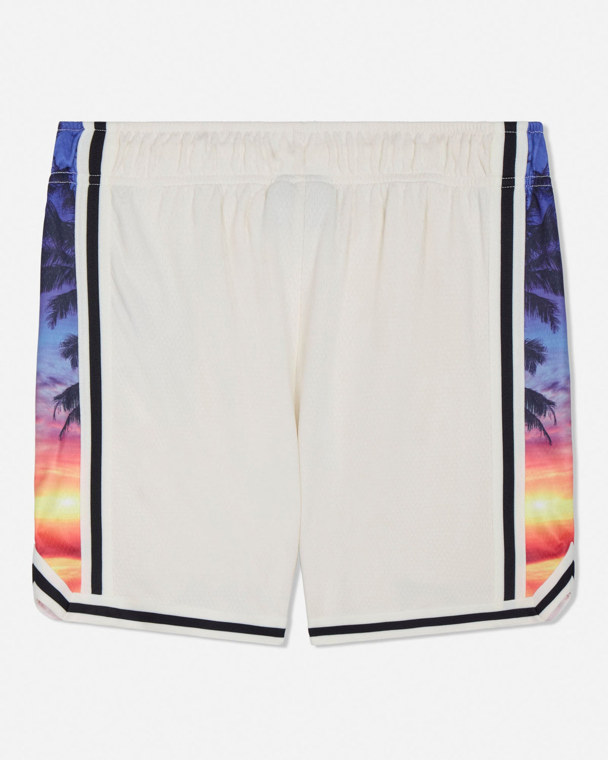 White shorts with colorful palm tree and sunset design on a white background