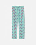 Palm tree-patterned pajama pants on a white background
