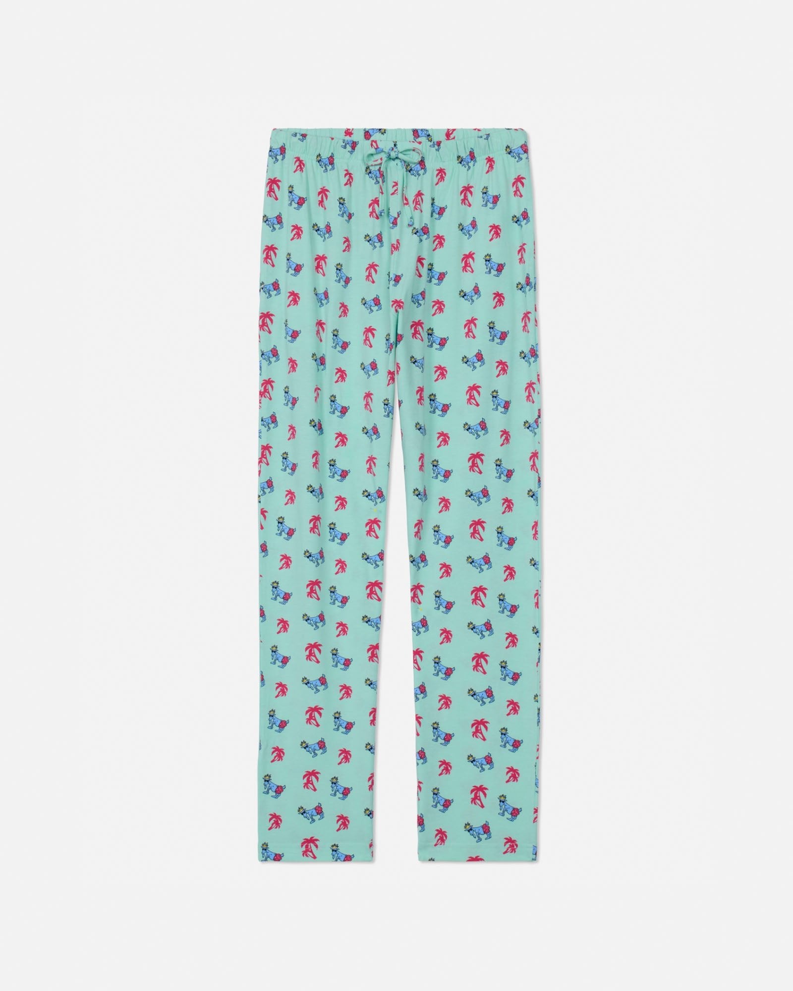 Palm tree-patterned pajama pants on a white background