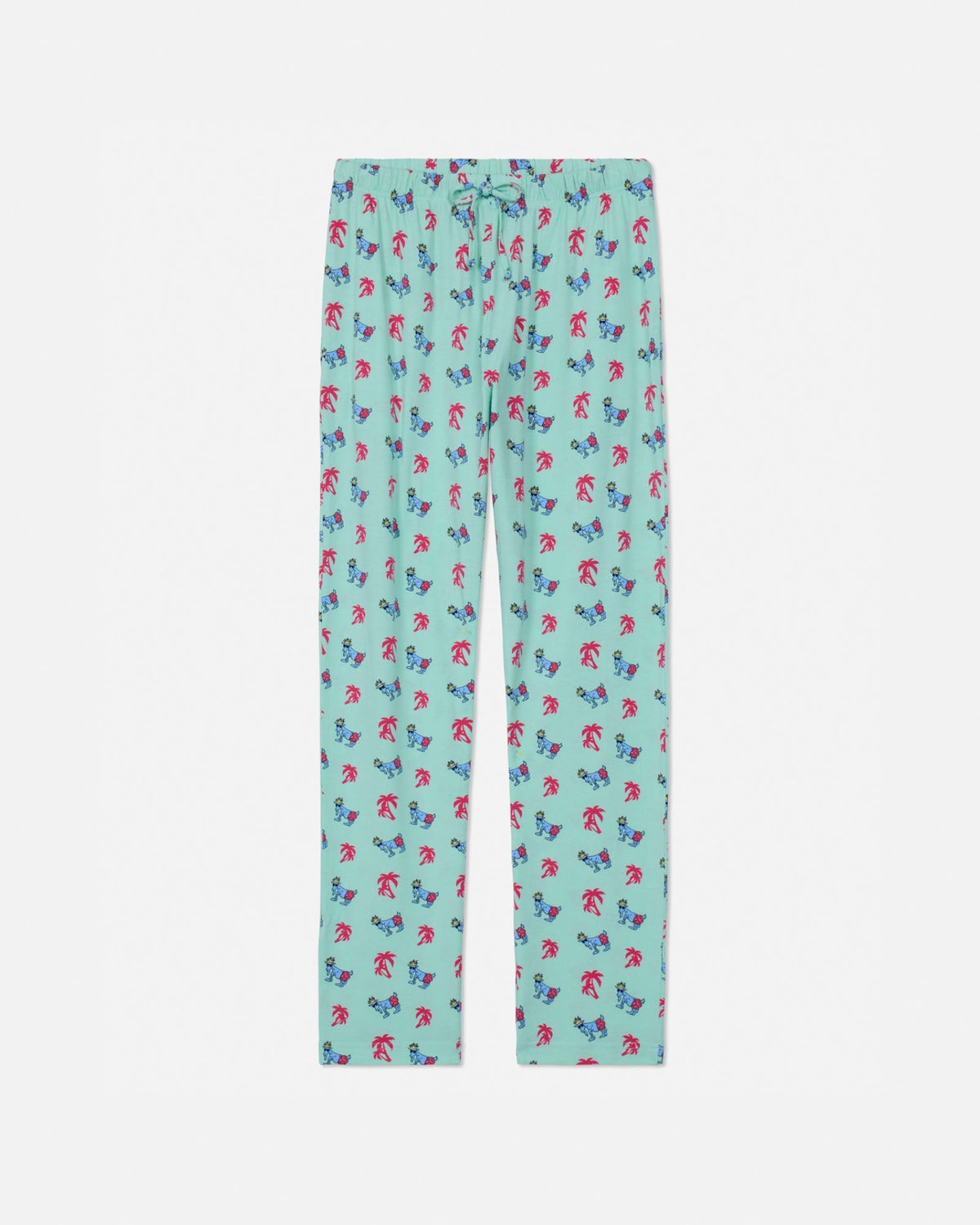 Palm tree-patterned pajama pants on a white background