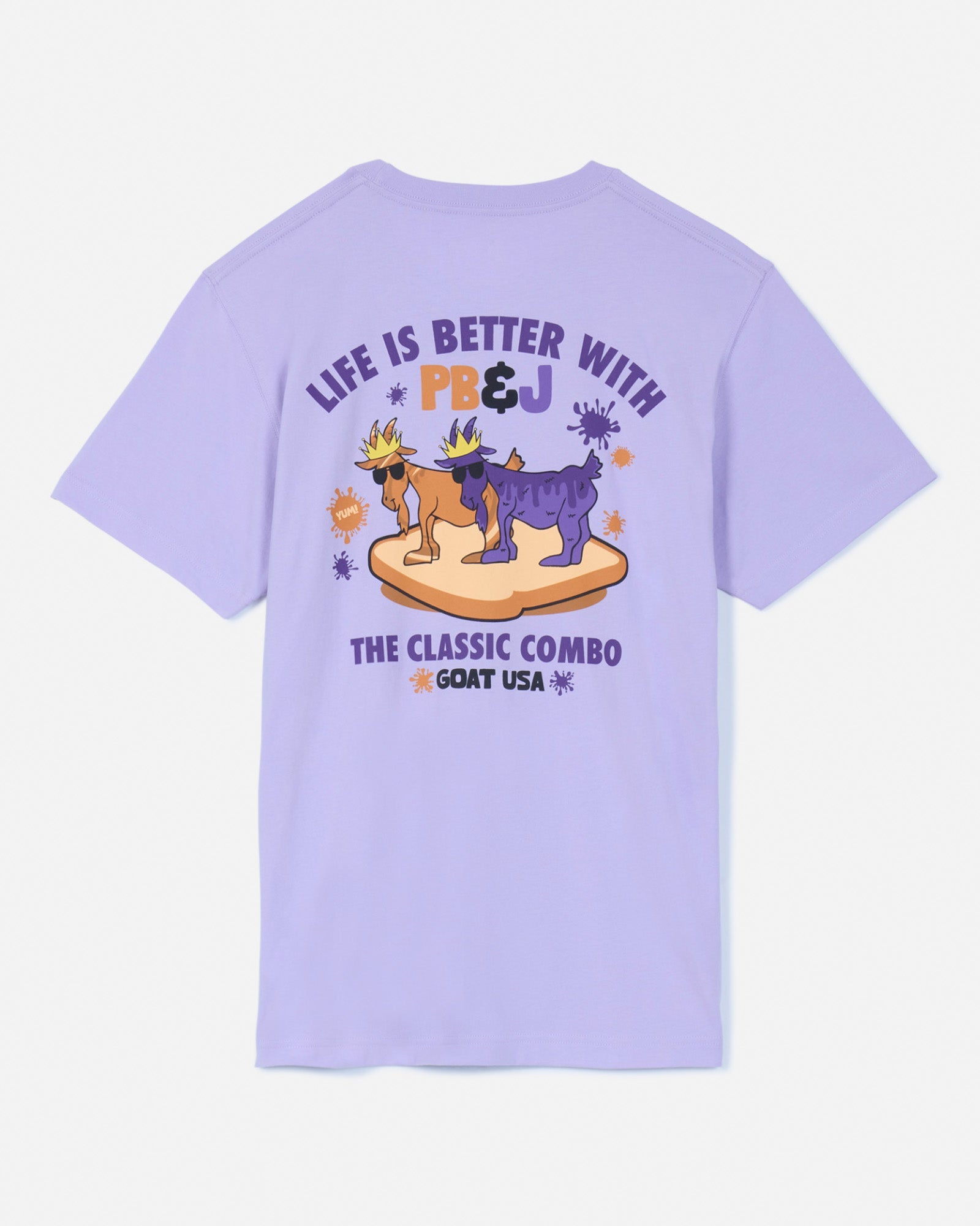 Back of lavender t-shirt with peanut butter and jelly goat graphic