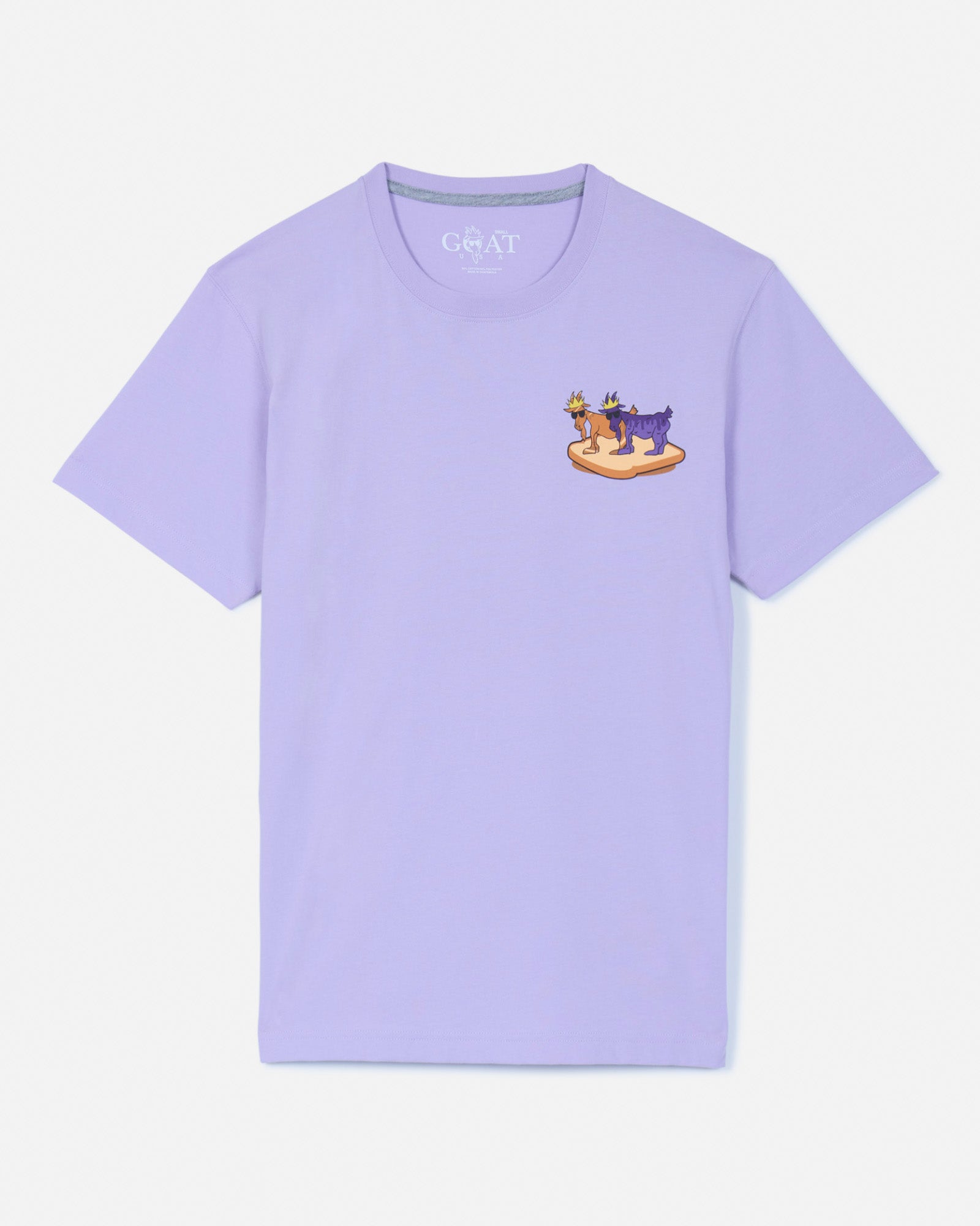 Front of lavender t-shirt with peanut butter and jelly goat left-chest logo