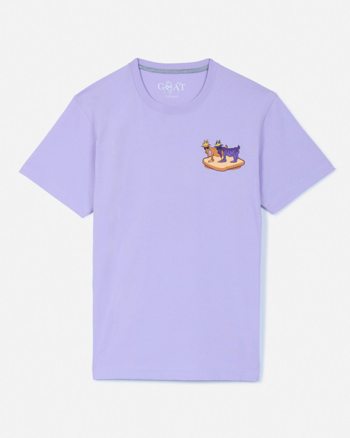 Front of lavender t-shirt with peanut butter and jelly goat left-chest logo