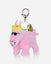 A pink plush bag charm shaped like a stylized animal character with a yellow crown, black sunglasses, and a metal clasp on a light gray background.