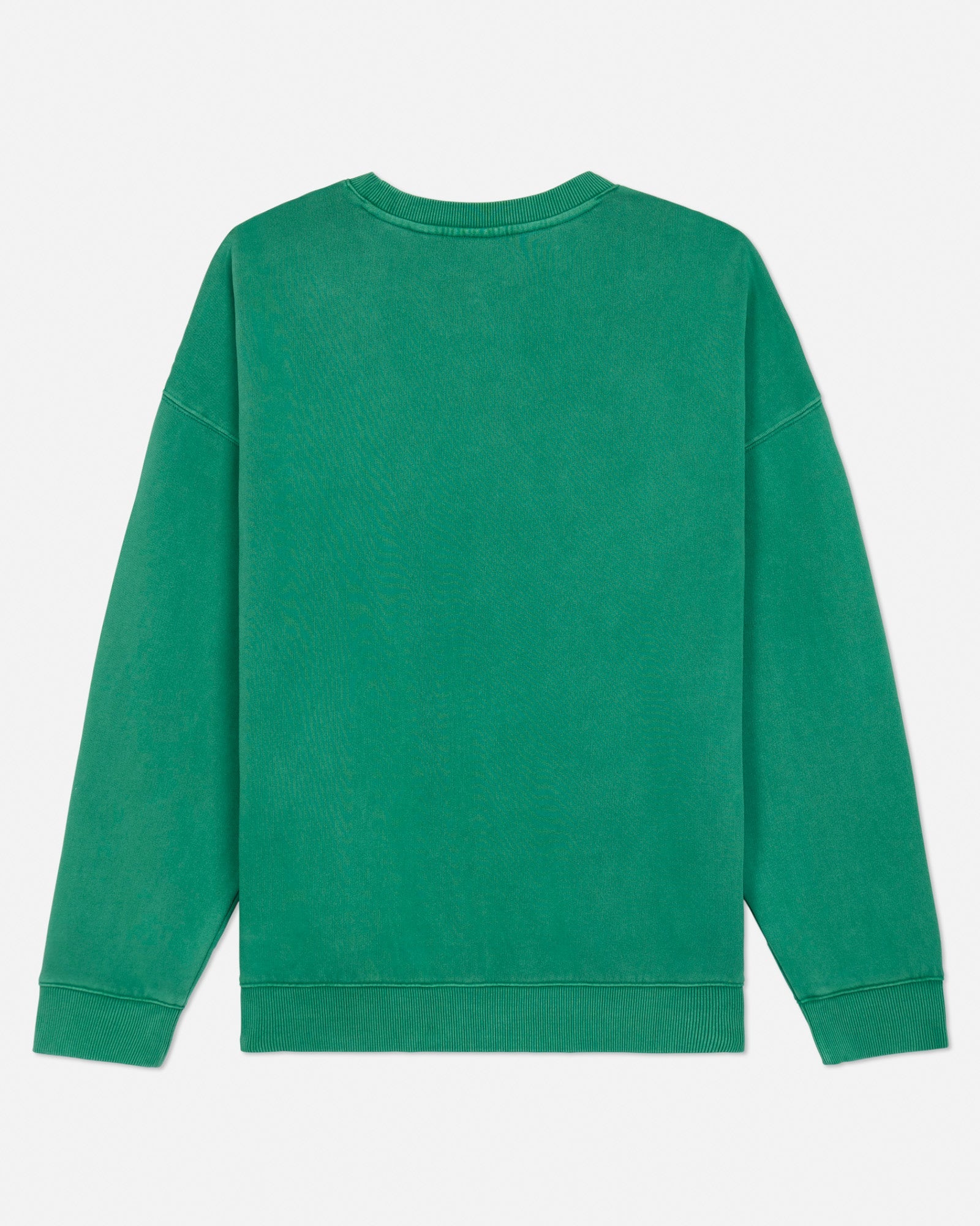 Back of green sweatshirt on a light gray background