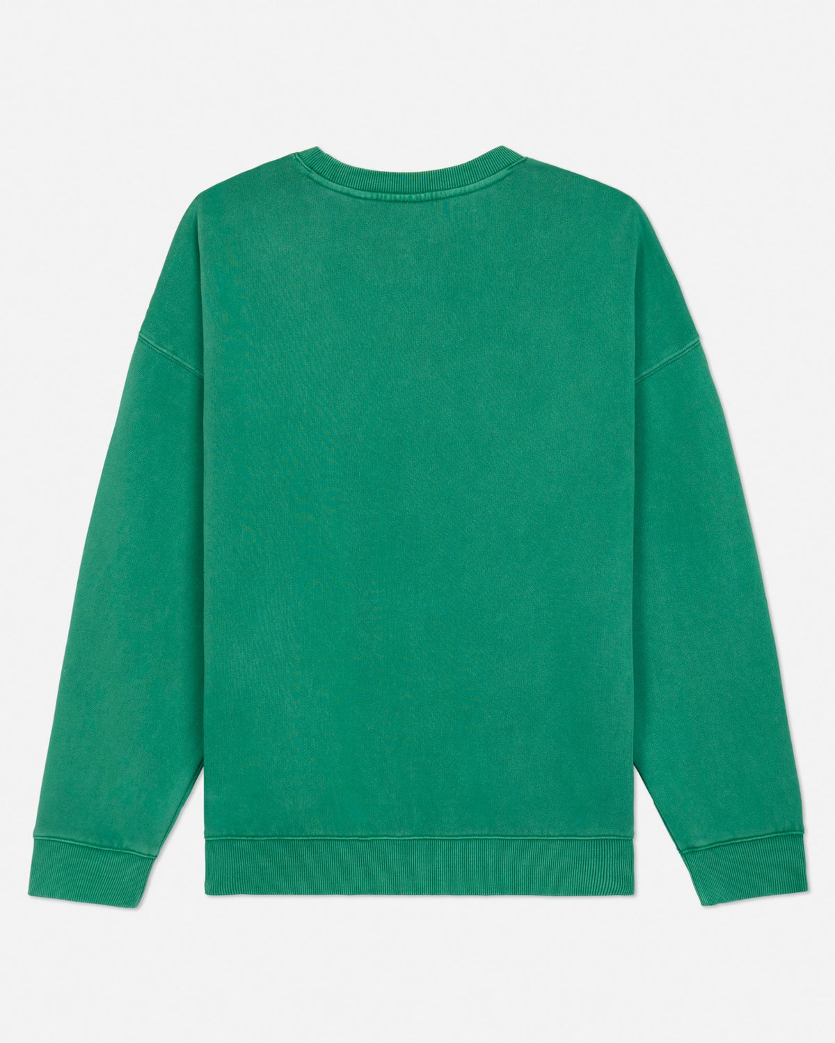 Back of green sweatshirt on a light gray background
