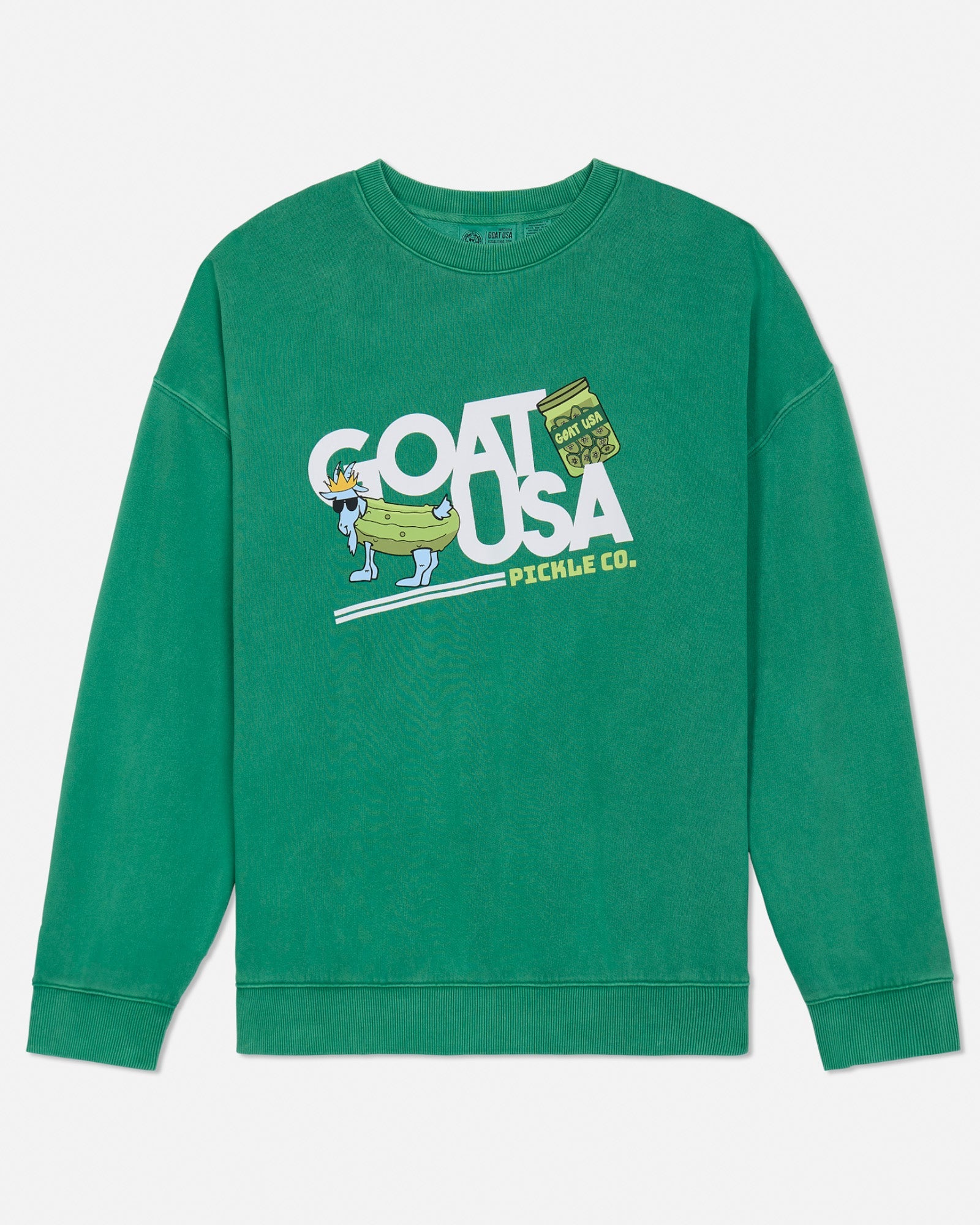 Green sweatshirt with 'GOAT USA' and 'Pickle Co.' text and pickle goat graphic