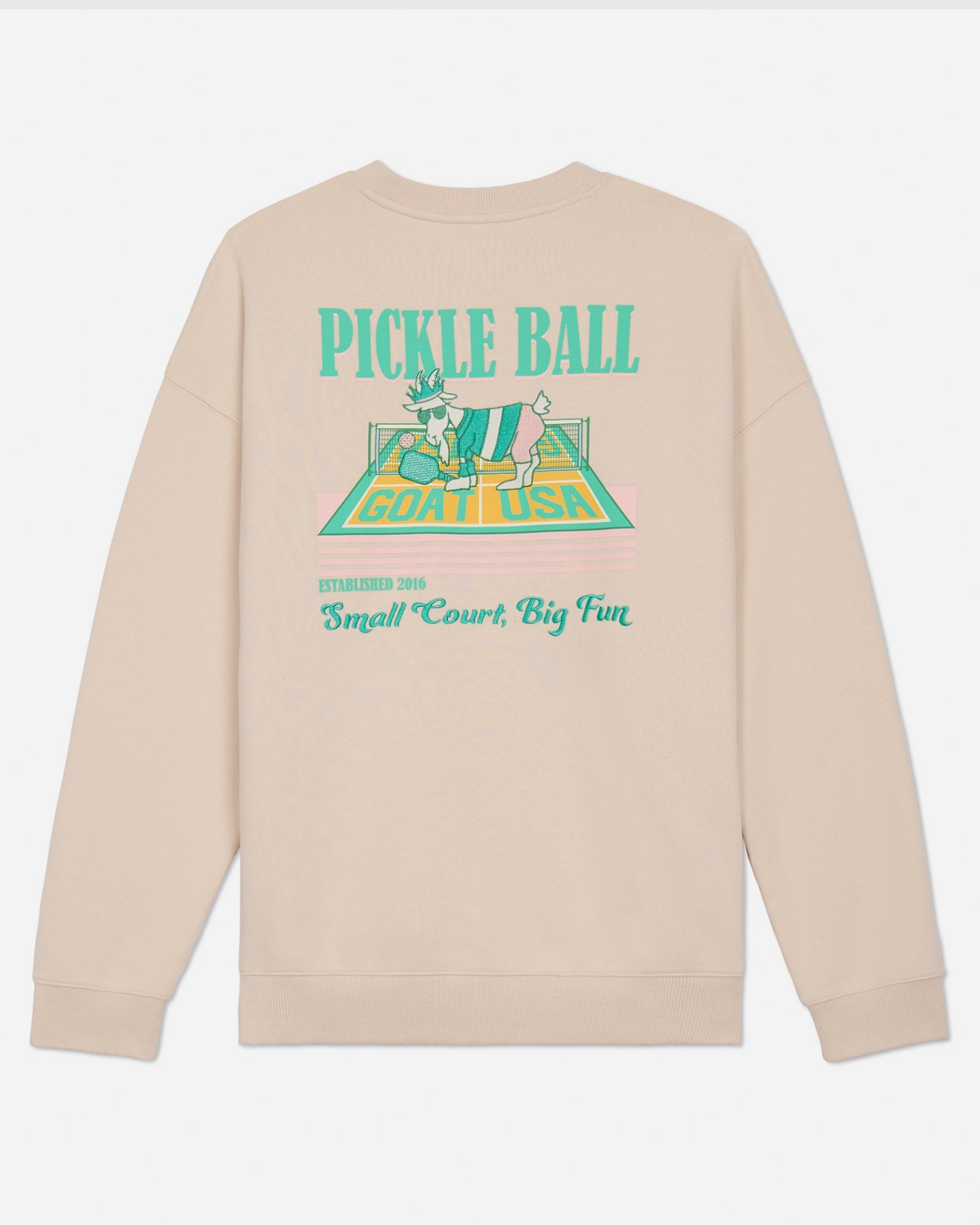 Beige sweatshirt with pickleball graphic and text on a light gray background