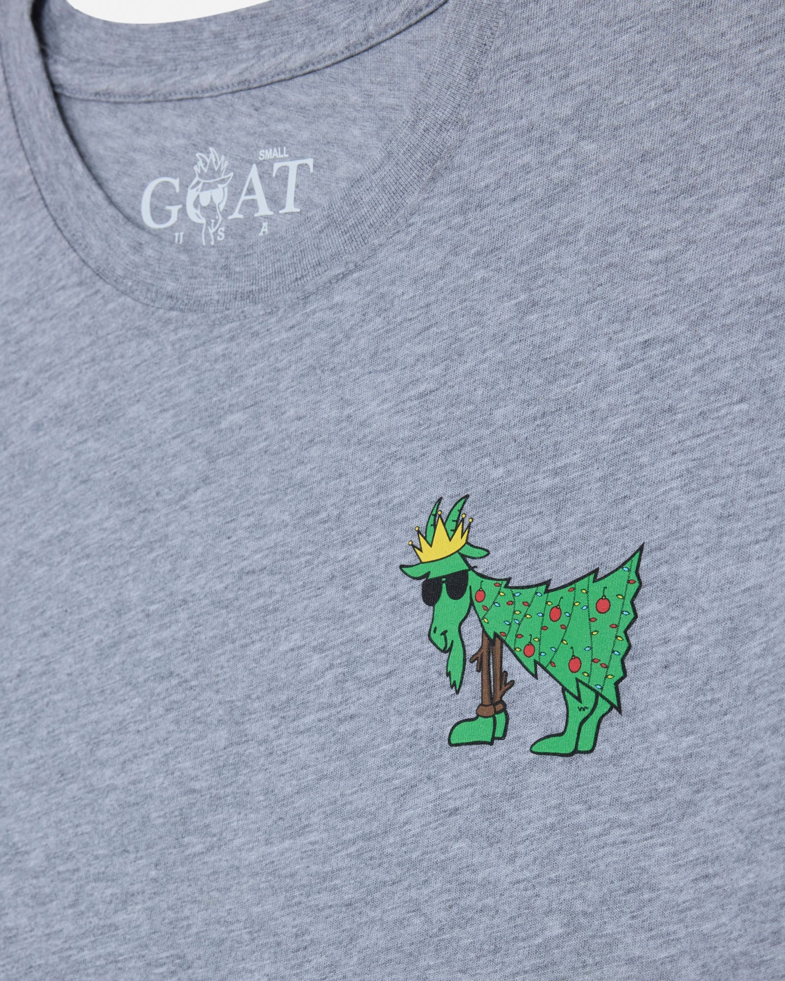 Gray t-shirt with a green cartoon character wearing a crown and sunglasses on the chest.