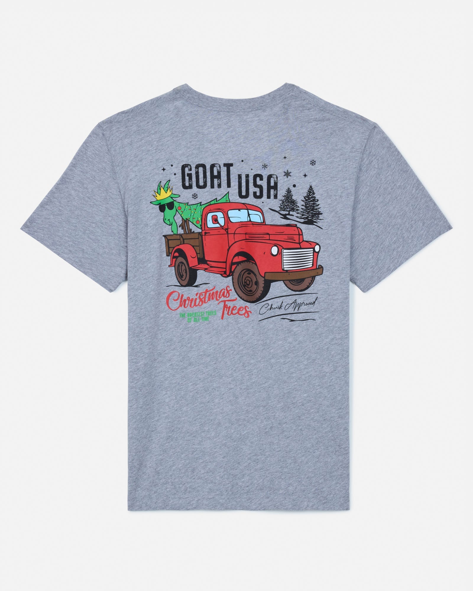 Gray t-shirt with a graphic of a red truck and Christmas trees on a white background