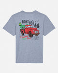 Gray t-shirt with a graphic of a red truck and Christmas trees on a white background